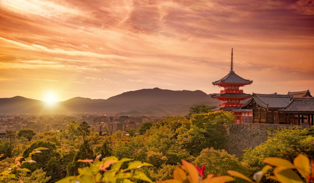 Kiyomizudera temple at sunset, Kyoto, Japan